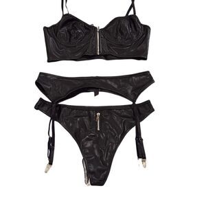 Dolls Kill Current Mood Black Leather Rogue Romance Zip Up Lingerie Set 3 Piece